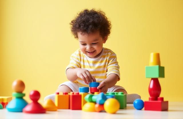 A child happily playing with colorful toys, symbolizing play-based therapy.