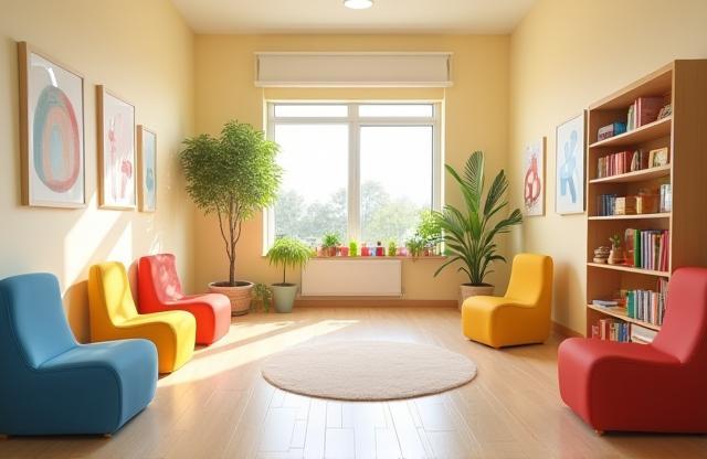 Interior view of a welcoming and bright children's therapy room.