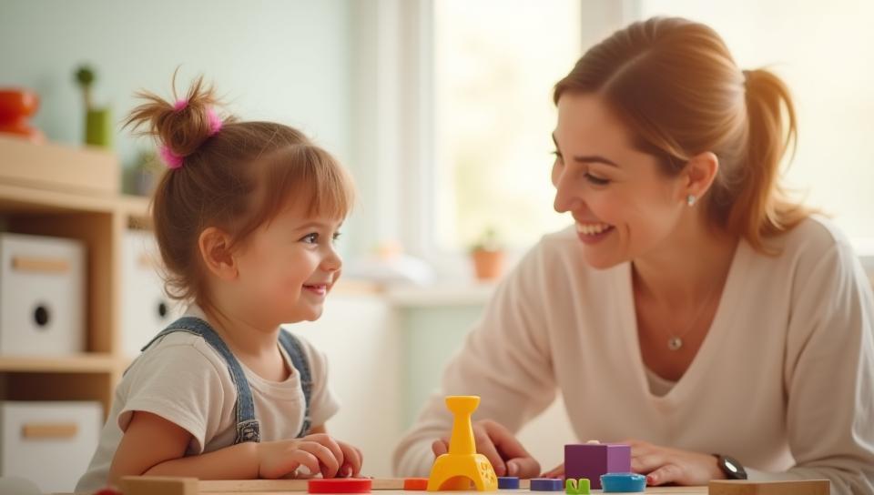 Positive interaction between a child and therapist during a speech therapy session.